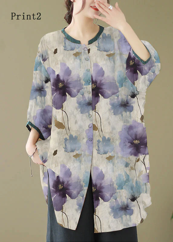 Print5 Linen Shirt Dresses O-Neck Oversized Lantern Sleeve - Image 4