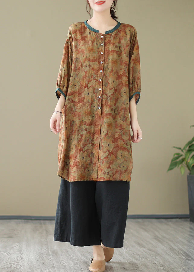 Print5 Linen Shirt Dresses O-Neck Oversized Lantern Sleeve - Image 7