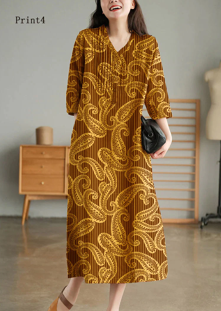 Print5 Loose Linen Long Dresses Button Solid Half Sleeve - Image 2