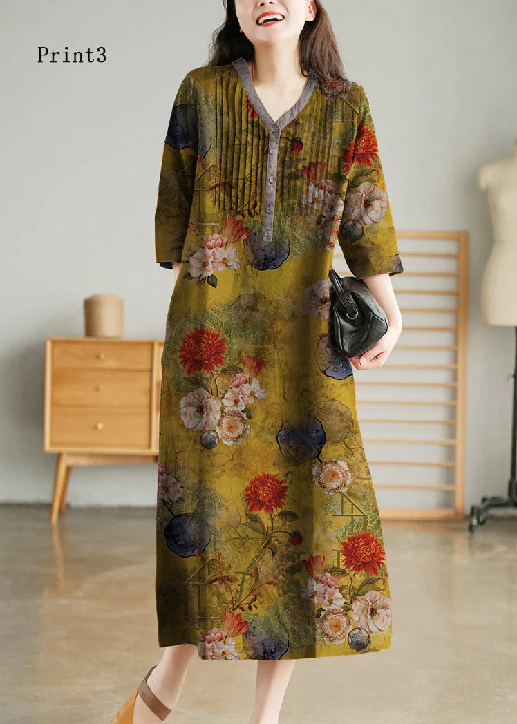 Print5 Loose Linen Long Dresses Button Solid Half Sleeve - Image 3