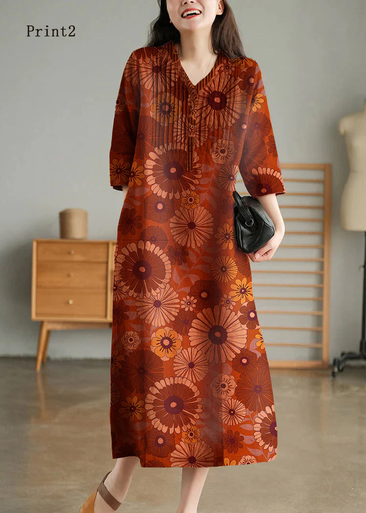 Print5 Loose Linen Long Dresses Button Solid Half Sleeve - Image 4