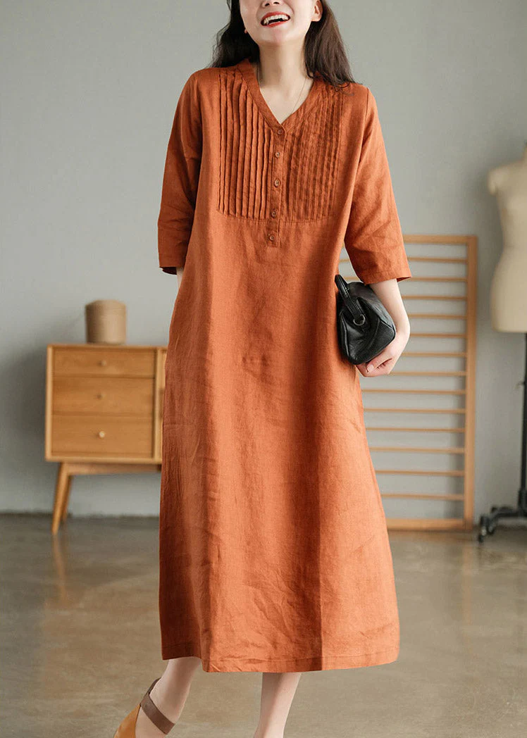 Print5 Loose Linen Long Dresses Button Solid Half Sleeve - Image 6