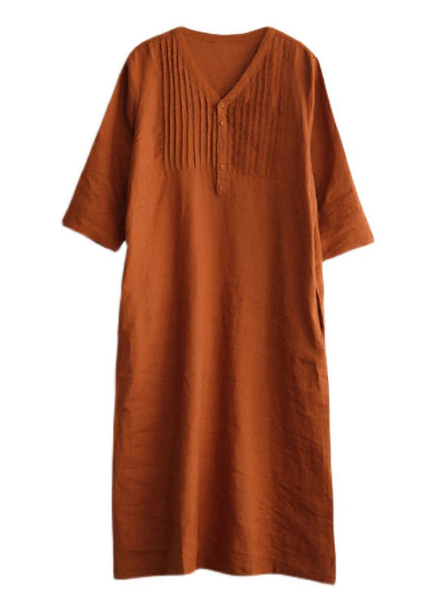 Print5 Loose Linen Long Dresses Button Solid Half Sleeve - Image 9
