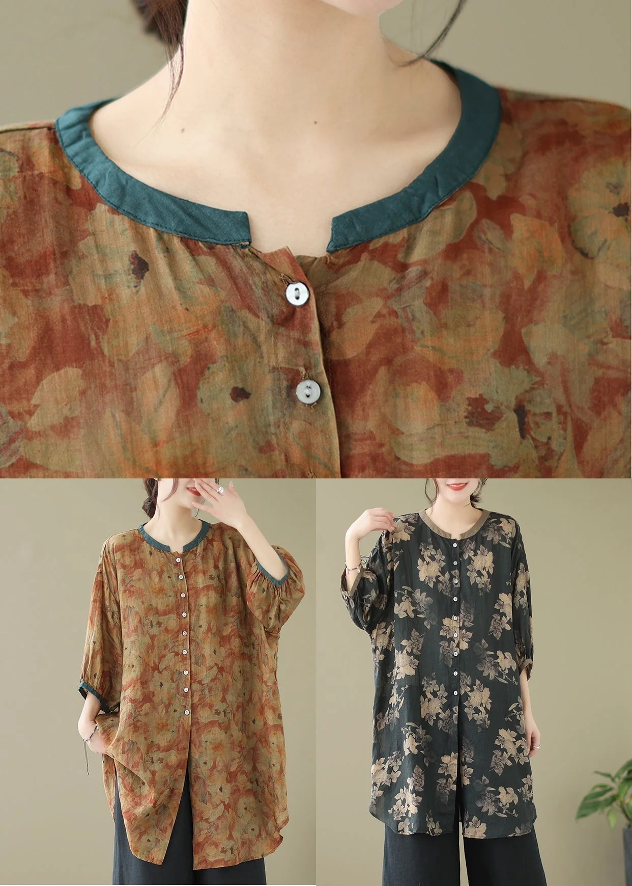 Print6 Linen Shirt Dresses O-Neck Oversized Lantern Sleeve - Image 11