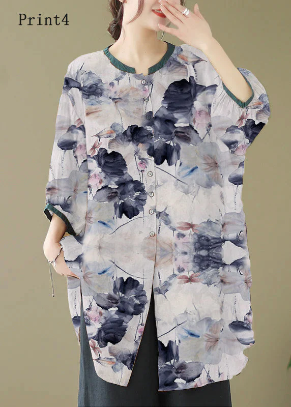 Print6 Linen Shirt Dresses O-Neck Oversized Lantern Sleeve - Image 3