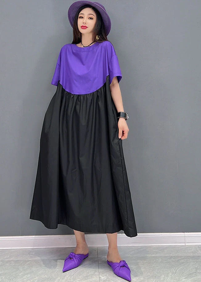 Purple Black Patchwork Cotton Loose Long Dress Wrinkled Short Sleeve - Image 2