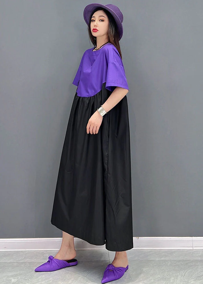 Purple Black Patchwork Cotton Loose Long Dress Wrinkled Short Sleeve - Image 3