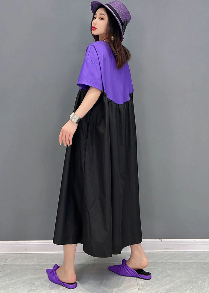 Purple Black Patchwork Cotton Loose Long Dress Wrinkled Short Sleeve - Image 4