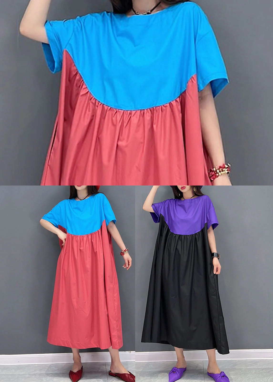 Purple Black Patchwork Cotton Loose Long Dress Wrinkled Short Sleeve - Image 5