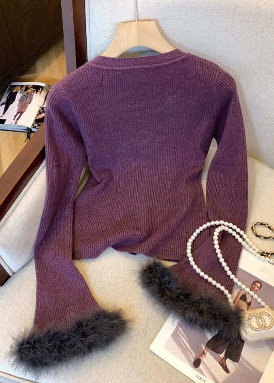 Purple Button Fluffy Patchwork Knit Sweater O Neck Spring - Image 2