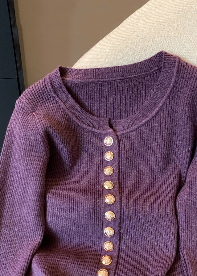 Purple Button Fluffy Patchwork Knit Sweater O Neck Spring - Image 3