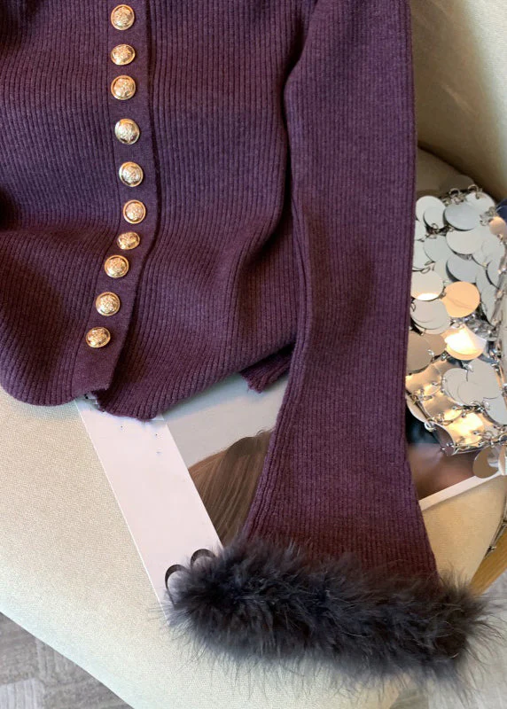 Purple Button Fluffy Patchwork Knit Sweater O Neck Spring - Image 4