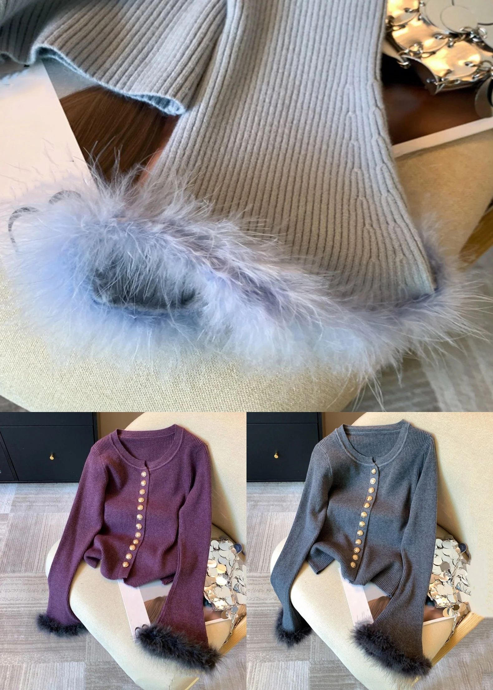 Purple Button Fluffy Patchwork Knit Sweater O Neck Spring - Image 5