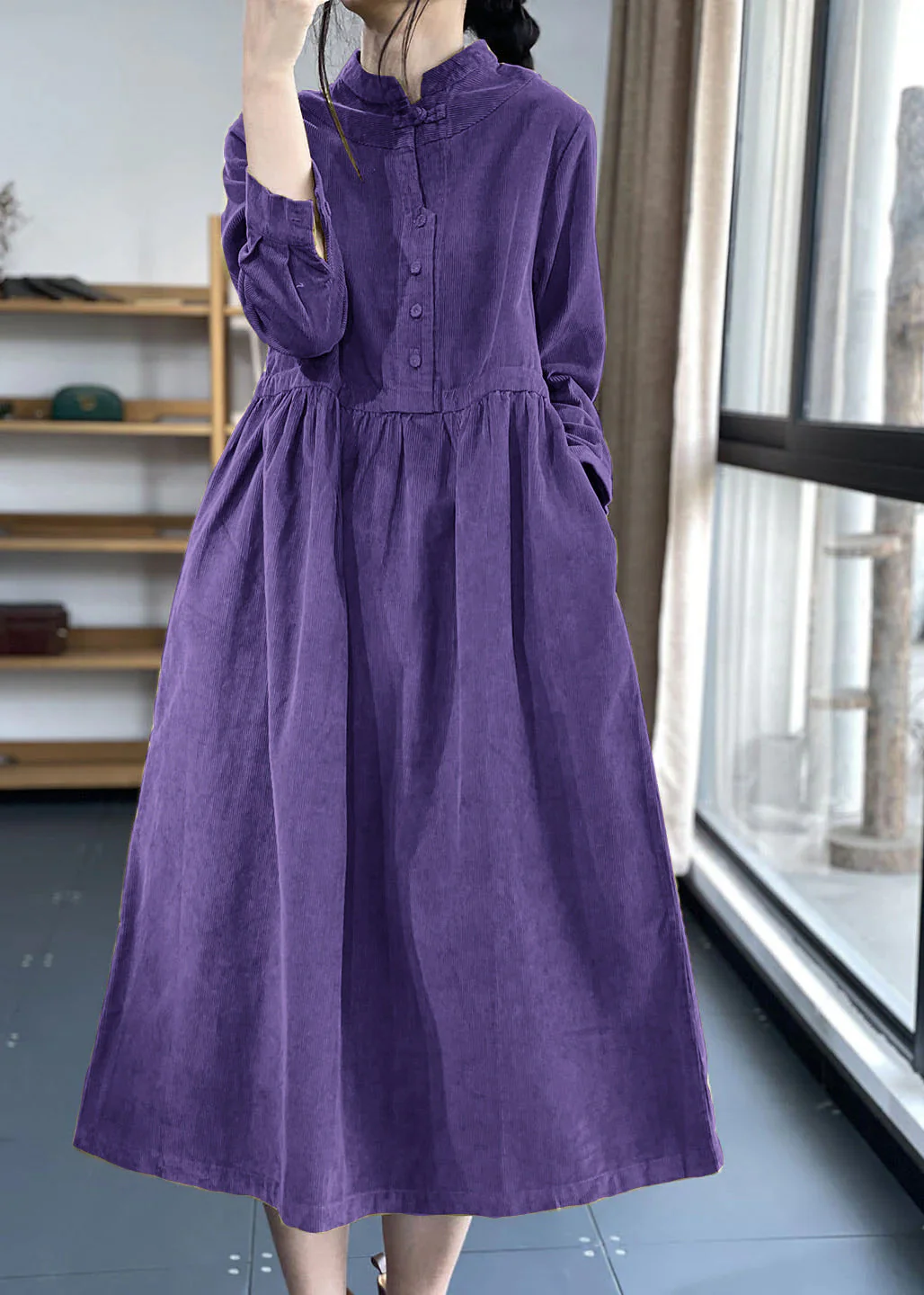 Purple Button Pockets Corduroy Dresses Winter - Image 2