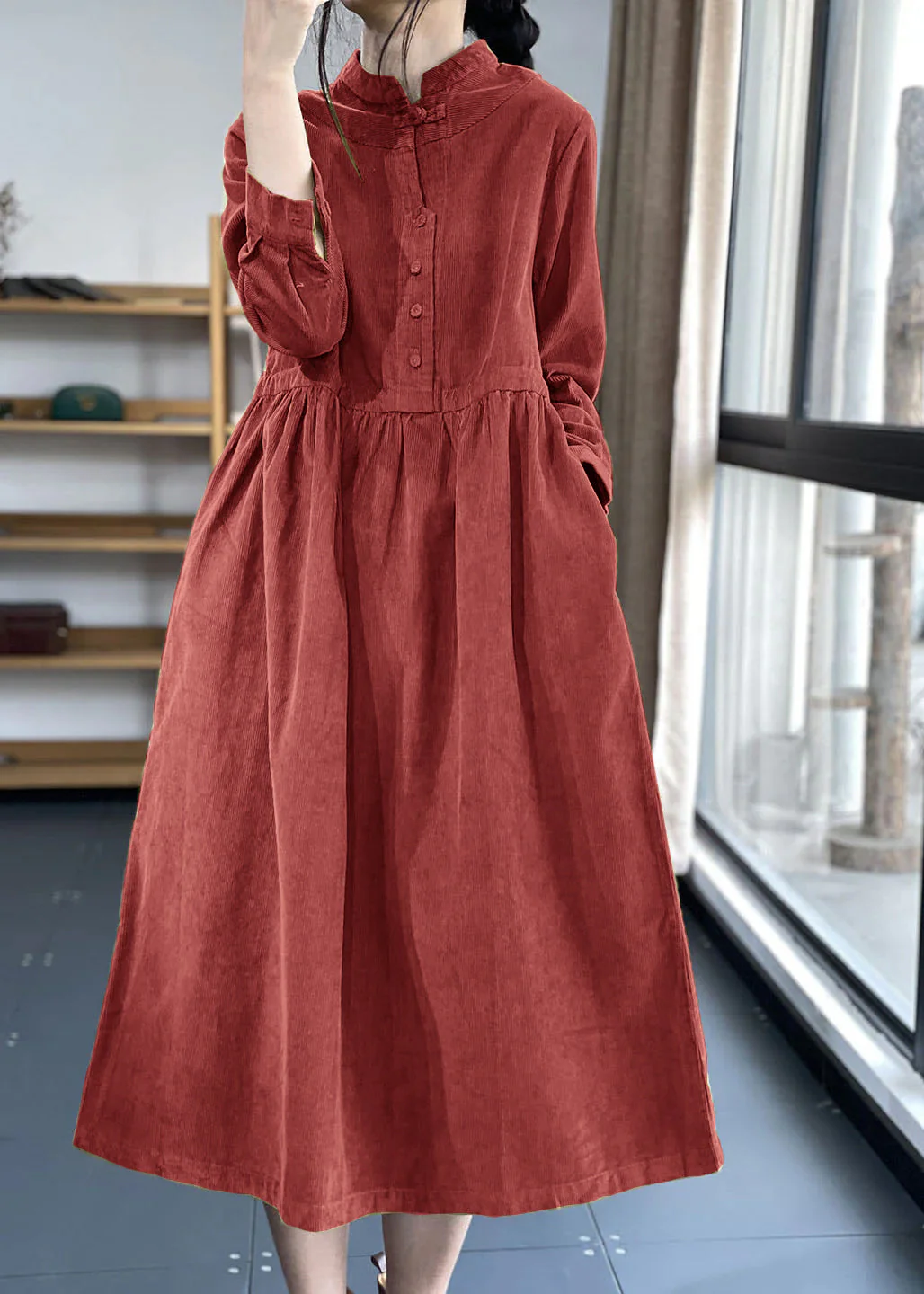 Purple Button Pockets Corduroy Dresses Winter - Image 3