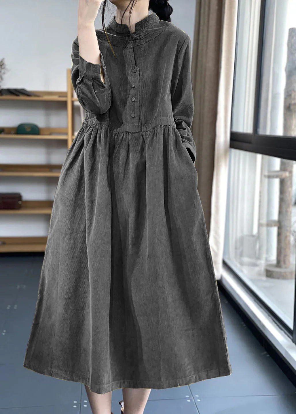 Purple Button Pockets Corduroy Dresses Winter - Image 4