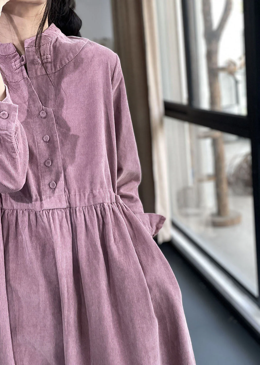 Purple Button Pockets Corduroy Dresses Winter - Image 8