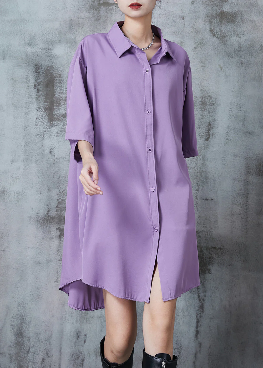 Purple Comfotable Cotton Shirt Dress Oversized Summer - Image 2