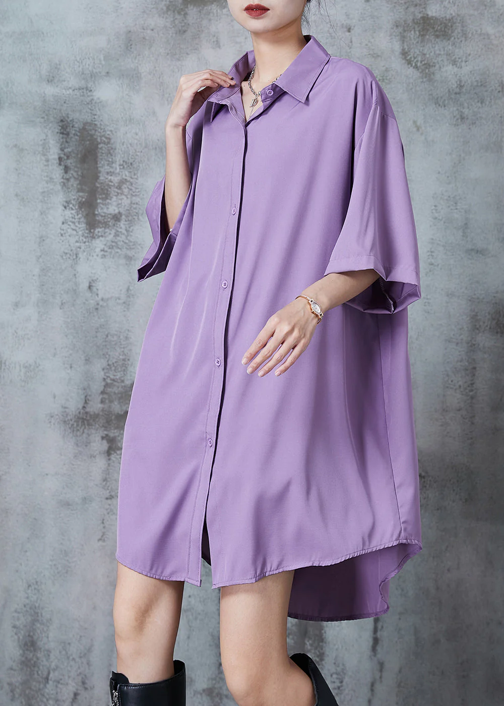 Purple Comfotable Cotton Shirt Dress Oversized Summer - Image 3
