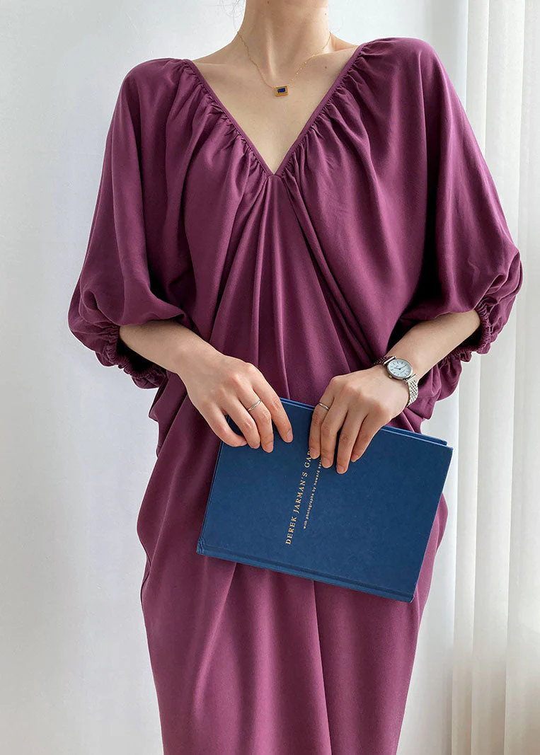 Purple Cotton Robe Dresses Side Open Cold Shoulder Batwing Sleeve - Image 2