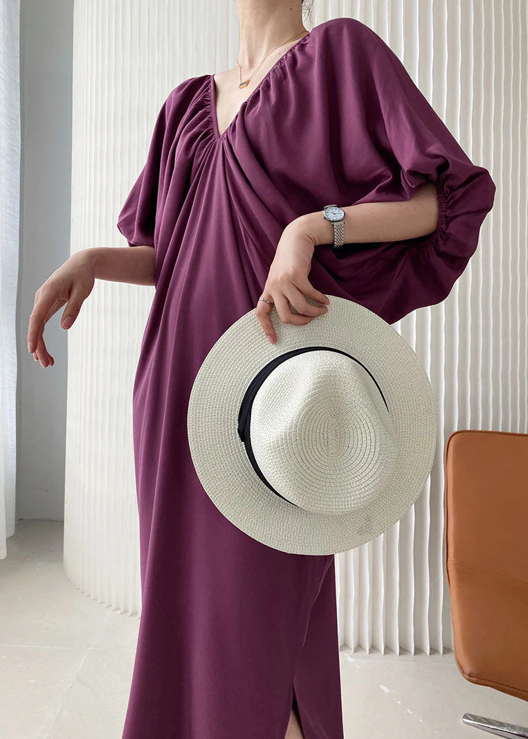 Purple Cotton Robe Dresses Side Open Cold Shoulder Batwing Sleeve - Image 3