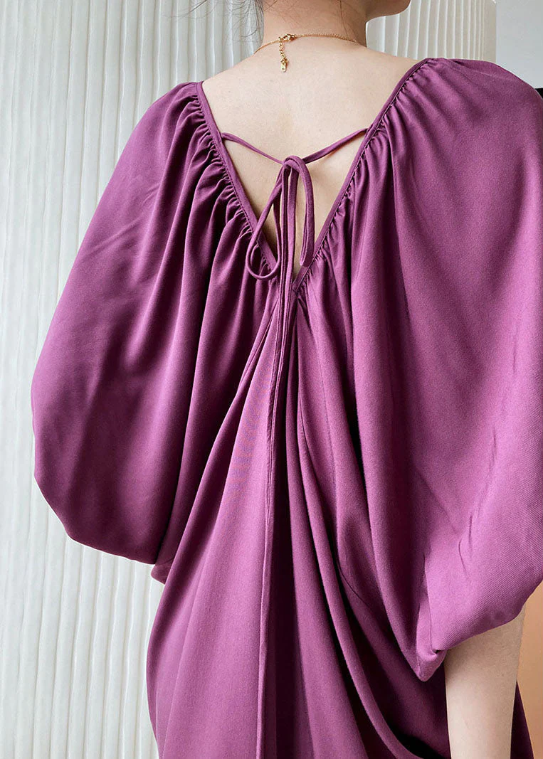 Purple Cotton Robe Dresses Side Open Cold Shoulder Batwing Sleeve - Image 4