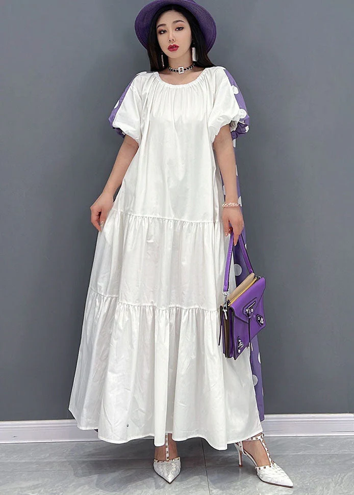 Purple Dot Print Cotton Long Dress Wear On Both sides Exra Large Hem Short Sleeve - Image 2
