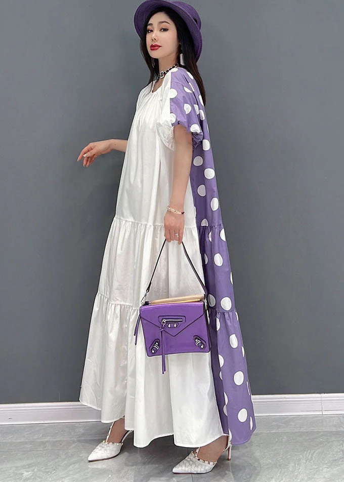 Purple Dot Print Cotton Long Dress Wear On Both sides Exra Large Hem Short Sleeve - Image 3