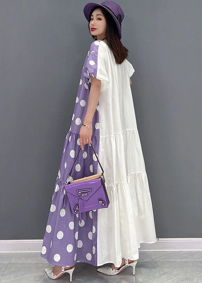 Purple Dot Print Cotton Long Dress Wear On Both sides Exra Large Hem Short Sleeve - Image 4