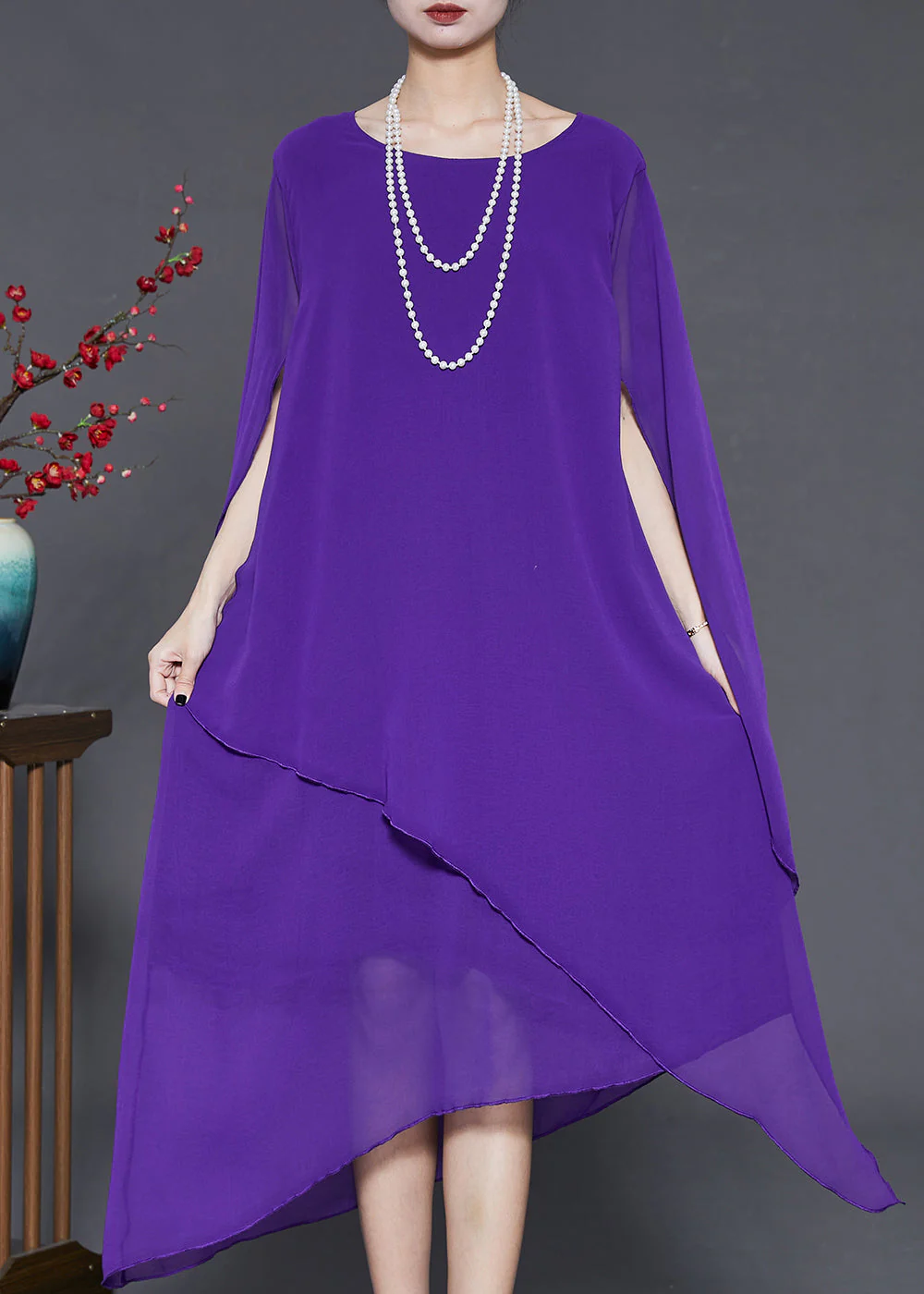 Purple Draping Chiffon Long Dresses Asymmetrical Cloak Sleeves