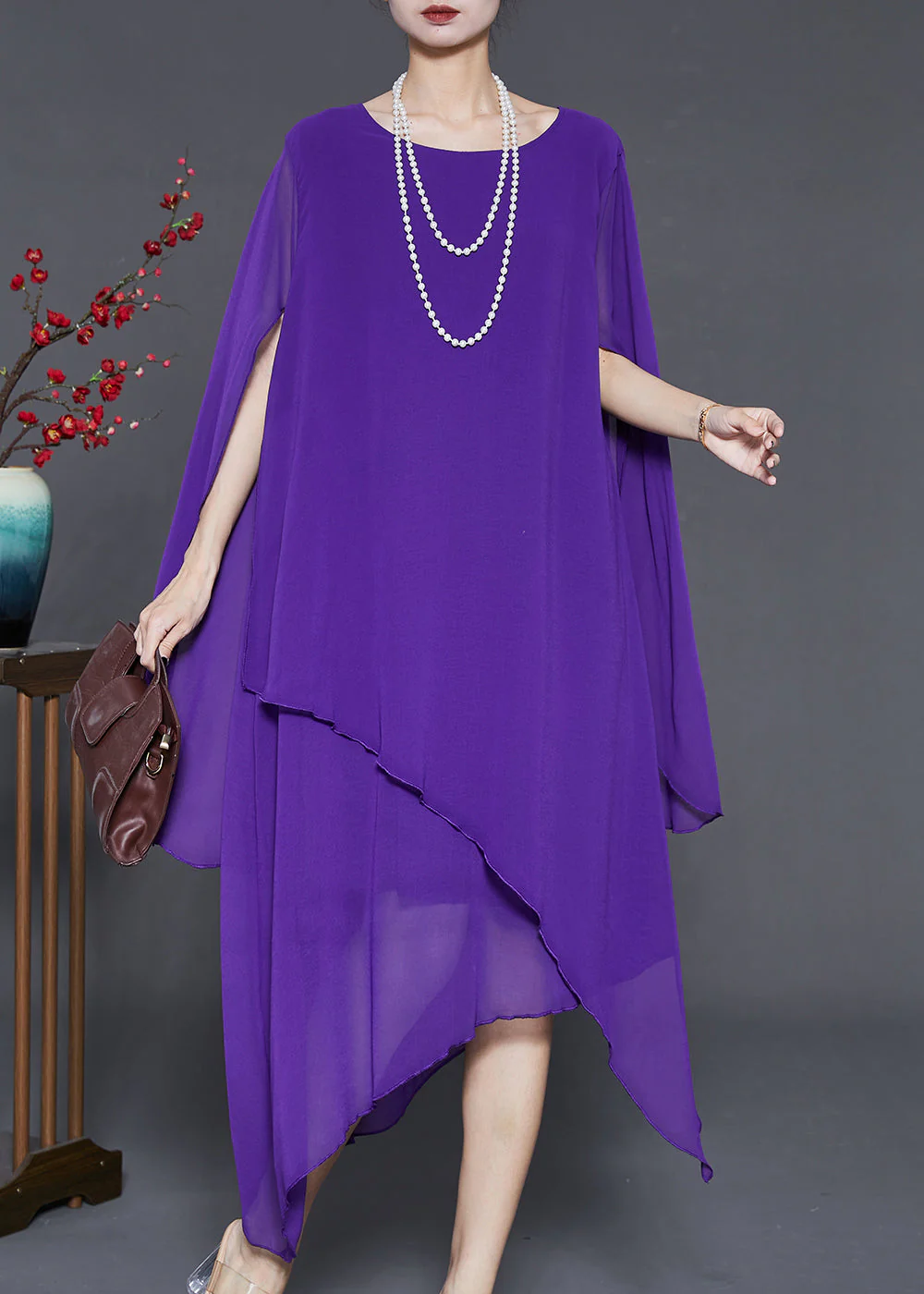 Purple Draping Chiffon Long Dresses Asymmetrical Cloak Sleeves - Image 2