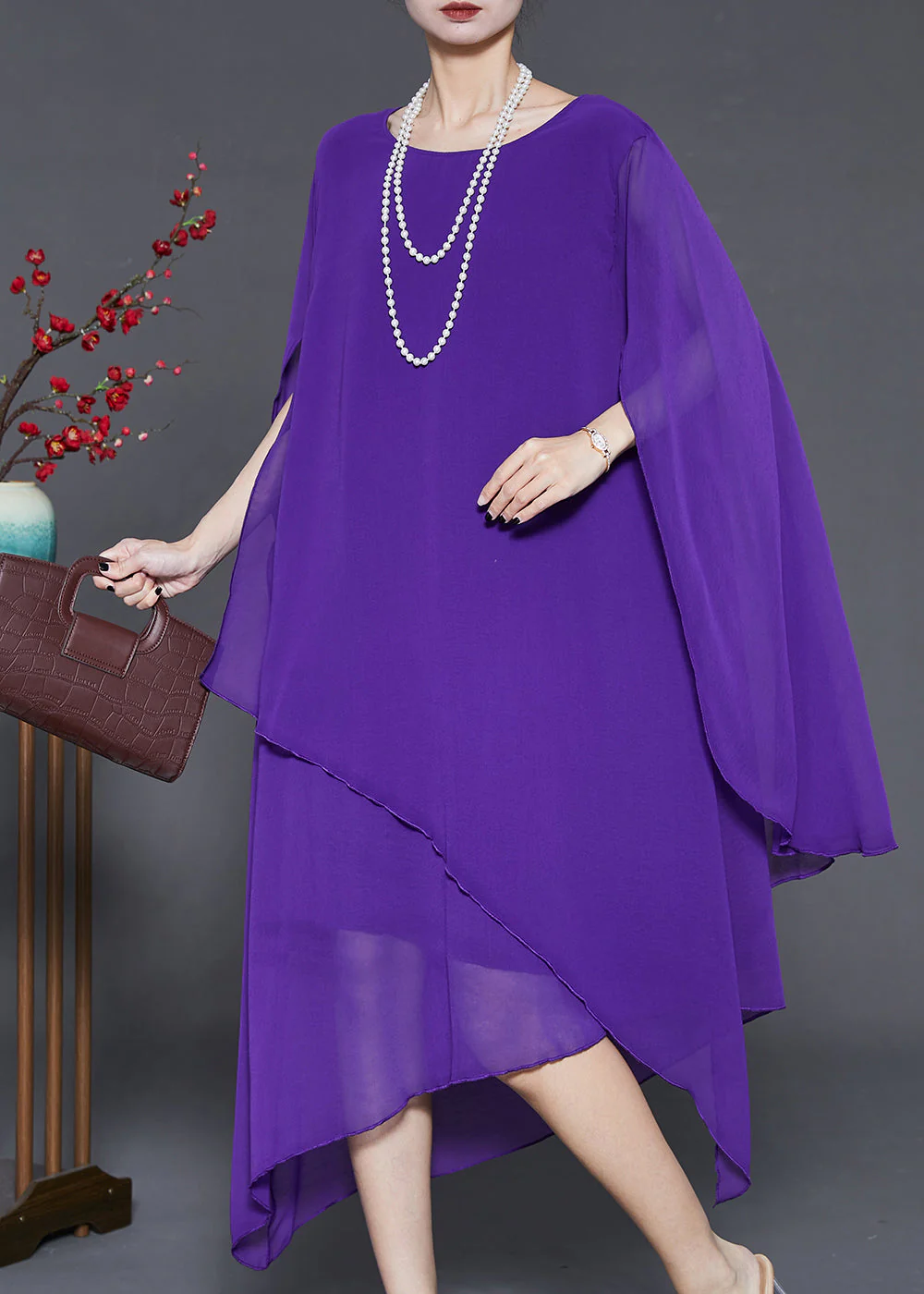 Purple Draping Chiffon Long Dresses Asymmetrical Cloak Sleeves - Image 3