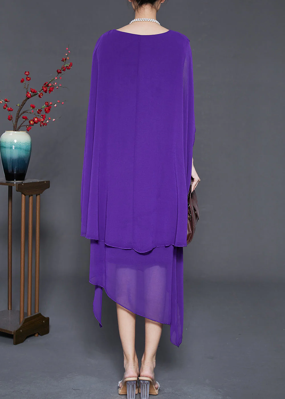 Purple Draping Chiffon Long Dresses Asymmetrical Cloak Sleeves - Image 4