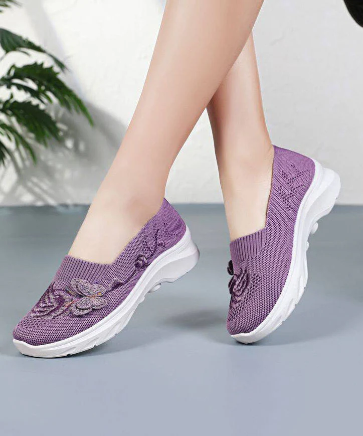 Purple Embroidered Breathable Mesh Flat Shoes For Women - Image 3