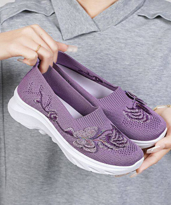 Purple Embroidered Breathable Mesh Flat Shoes For Women - Image 5