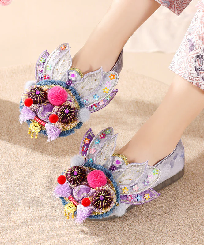 Purple Flat Feet Shoes Cotton Fabric Handmade Splicing Embroidered