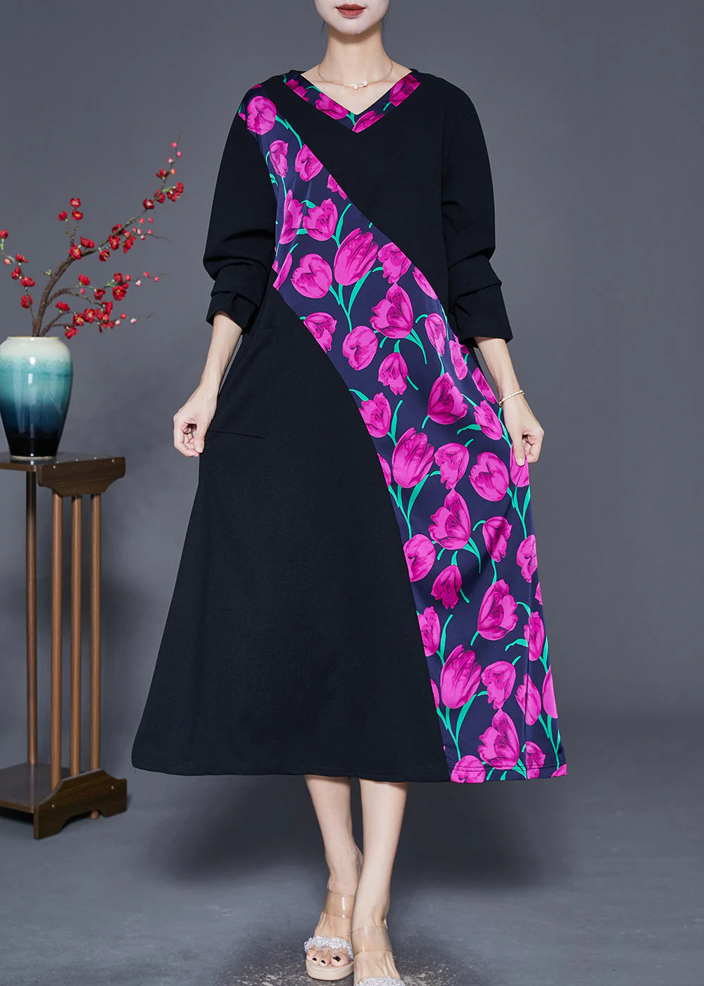 Purple Floral Cotton Dresses Oversized Patchwork Pocket Fall - Image 2