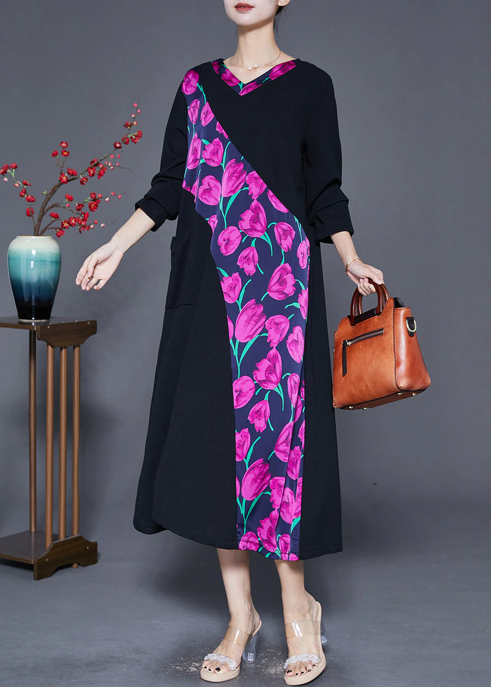 Purple Floral Cotton Dresses Oversized Patchwork Pocket Fall - Image 3