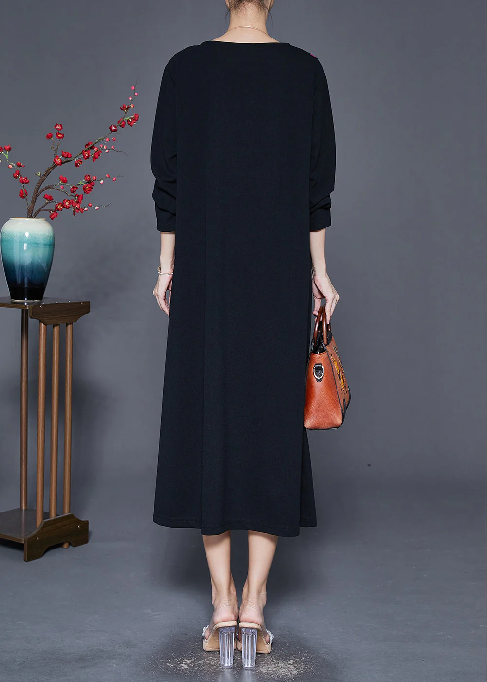 Purple Floral Cotton Dresses Oversized Patchwork Pocket Fall - Image 4