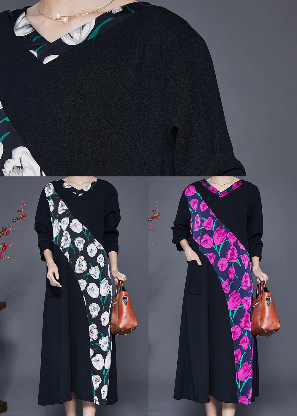 Purple Floral Cotton Dresses Oversized Patchwork Pocket Fall - Image 5