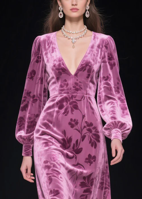 Purple Floral Tulle Patchwork Silk Velvet Dress V Neck Spring - Image 2
