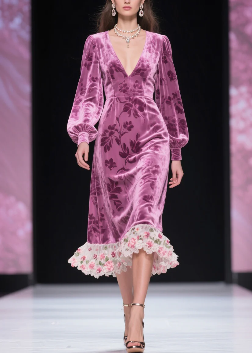 Purple Floral Tulle Patchwork Silk Velvet Dress V Neck Spring - Image 3
