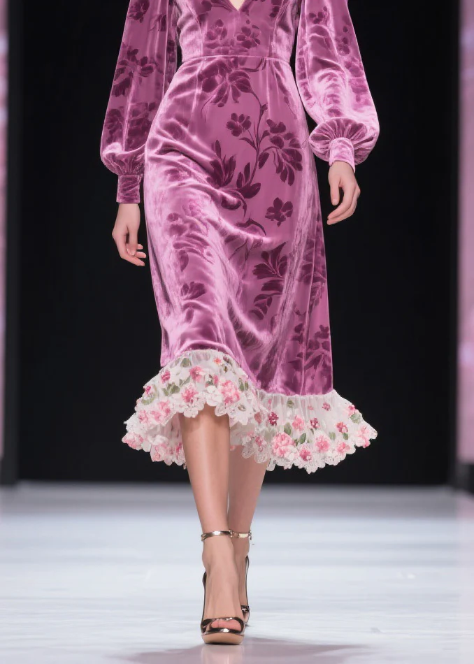 Purple Floral Tulle Patchwork Silk Velvet Dress V Neck Spring - Image 4