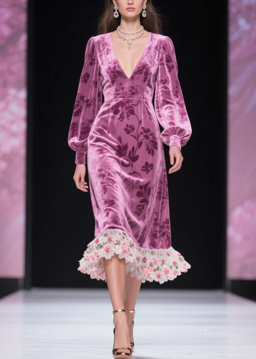 Purple Floral Tulle Patchwork Silk Velvet Dress V Neck Spring - Image 5