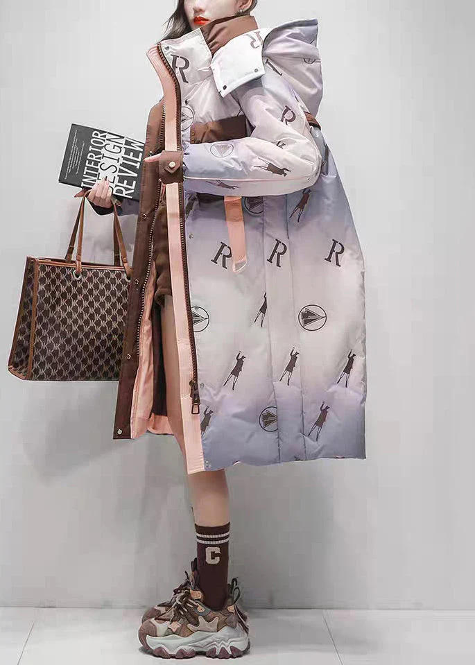 Purple Gradient Color Print Pockets Duck Down Down Winter Coats Hooded - Image 4