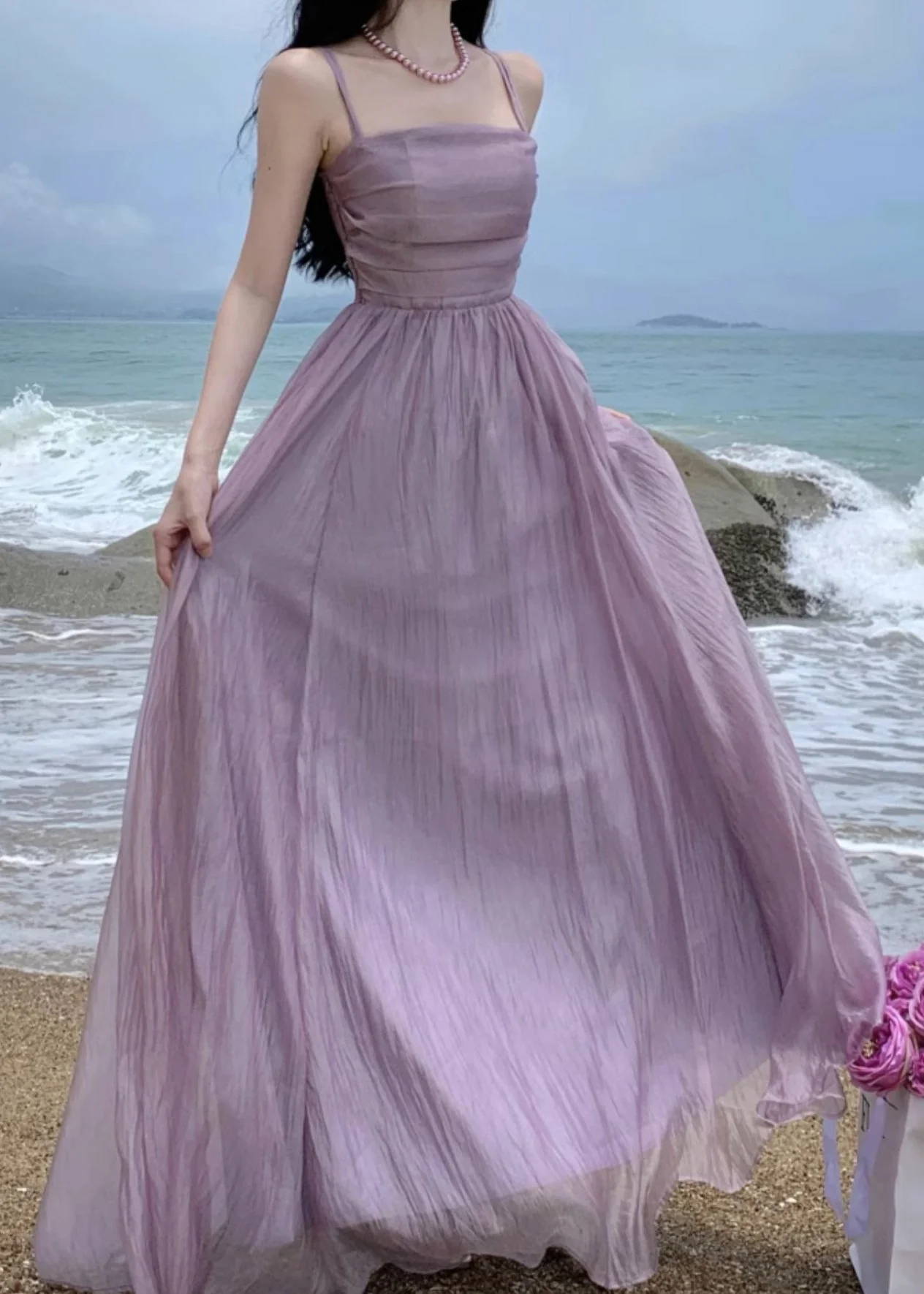 Purple High Waist Patchwork Cotton Spaghetti Strap Dress Wrinkled Sleeveless - Image 2