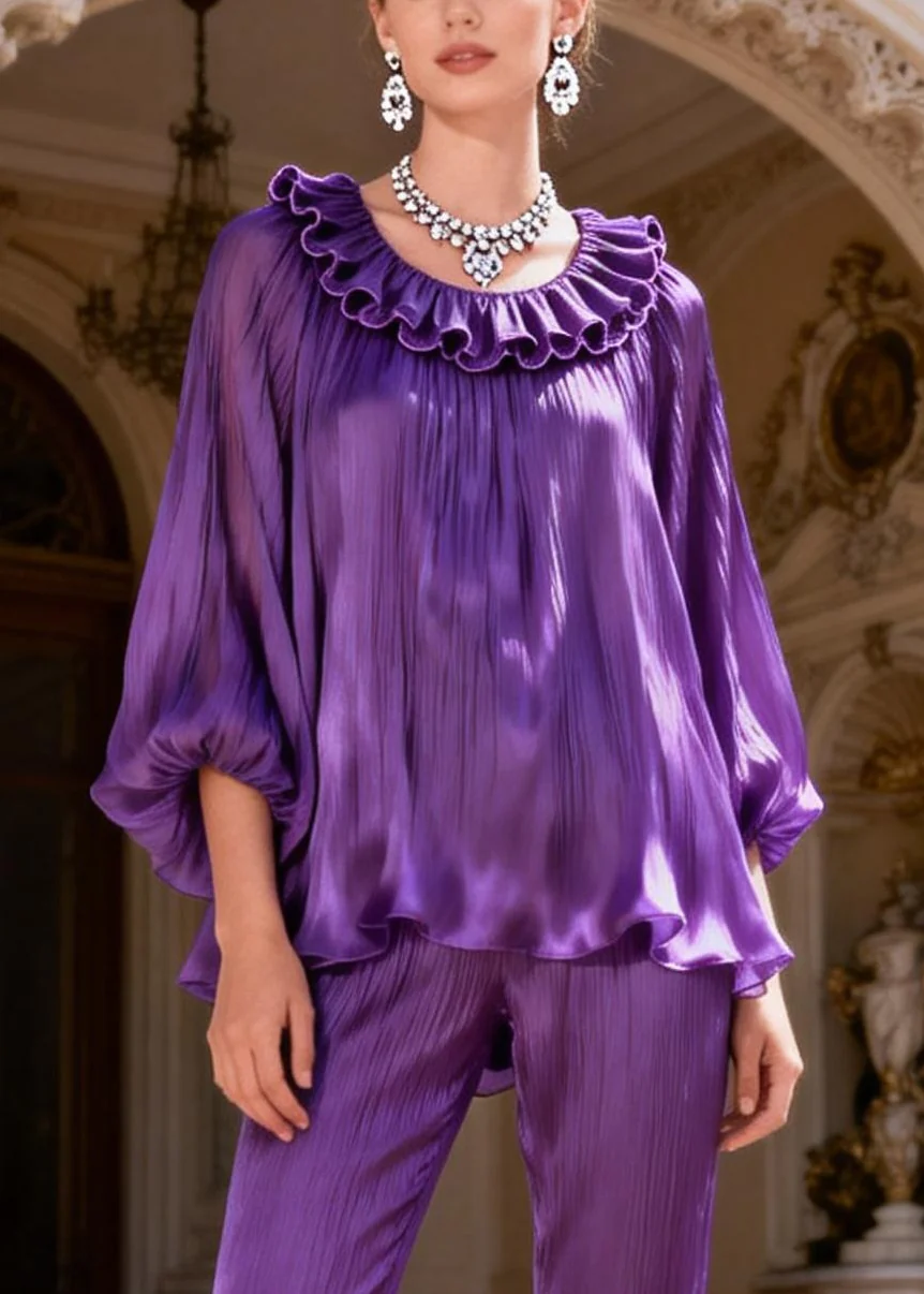 Purple High Waist Tops And Bell Bottom Trousers Silk Two Piece Set Ruffled Lantern Sleeve - Image 2