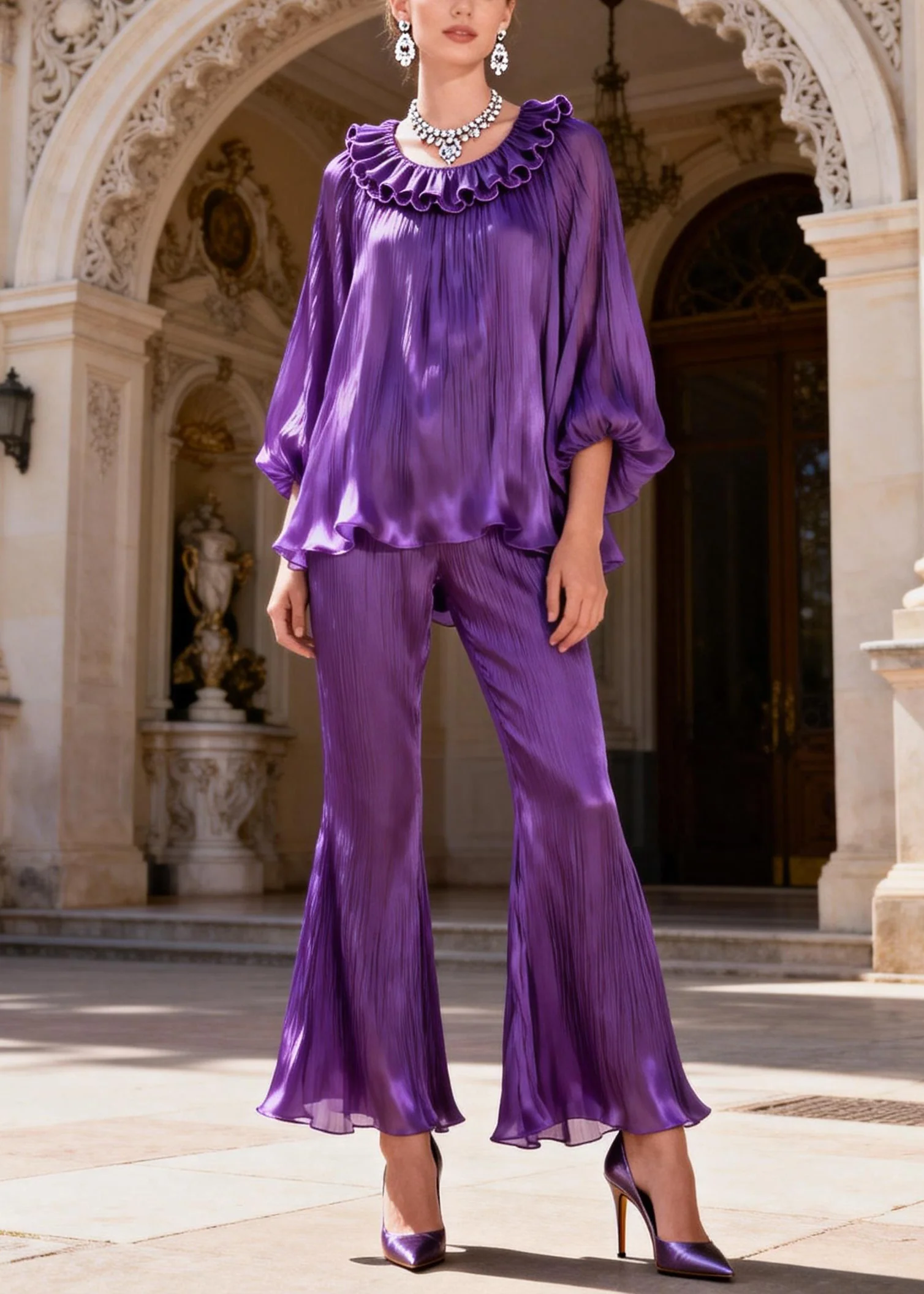 Purple High Waist Tops And Bell Bottom Trousers Silk Two Piece Set Ruffled Lantern Sleeve - Image 3