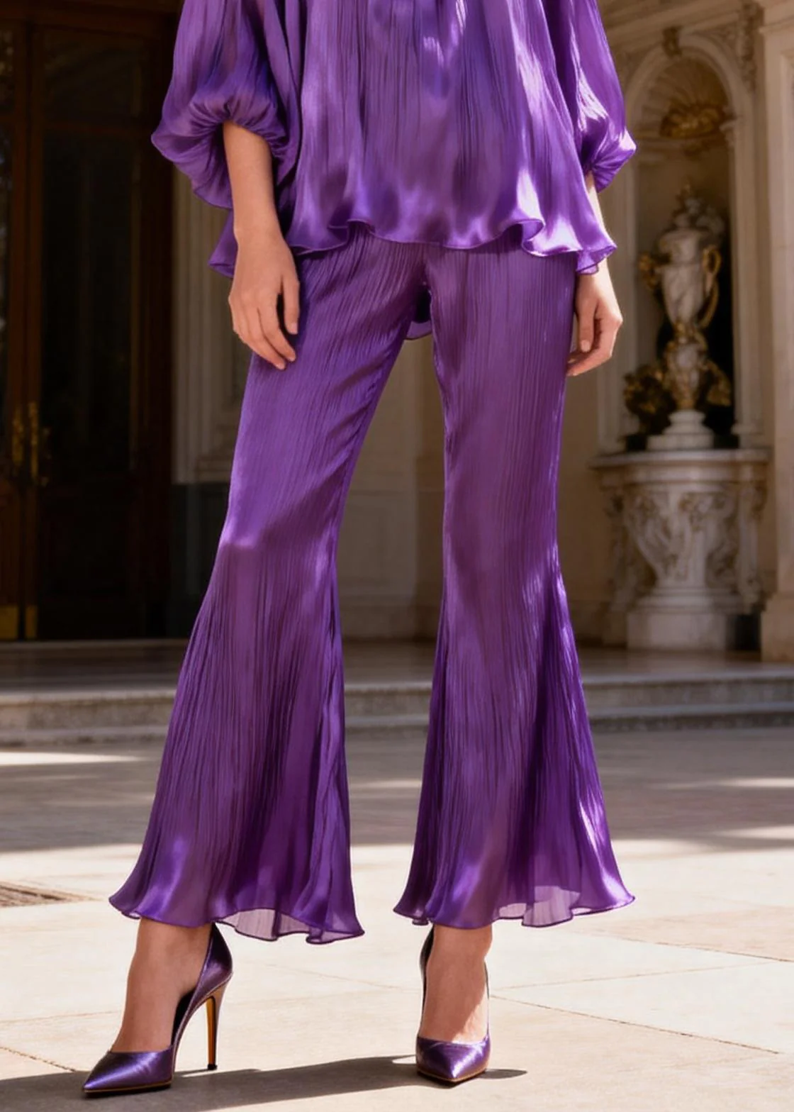 Purple High Waist Tops And Bell Bottom Trousers Silk Two Piece Set Ruffled Lantern Sleeve - Image 4