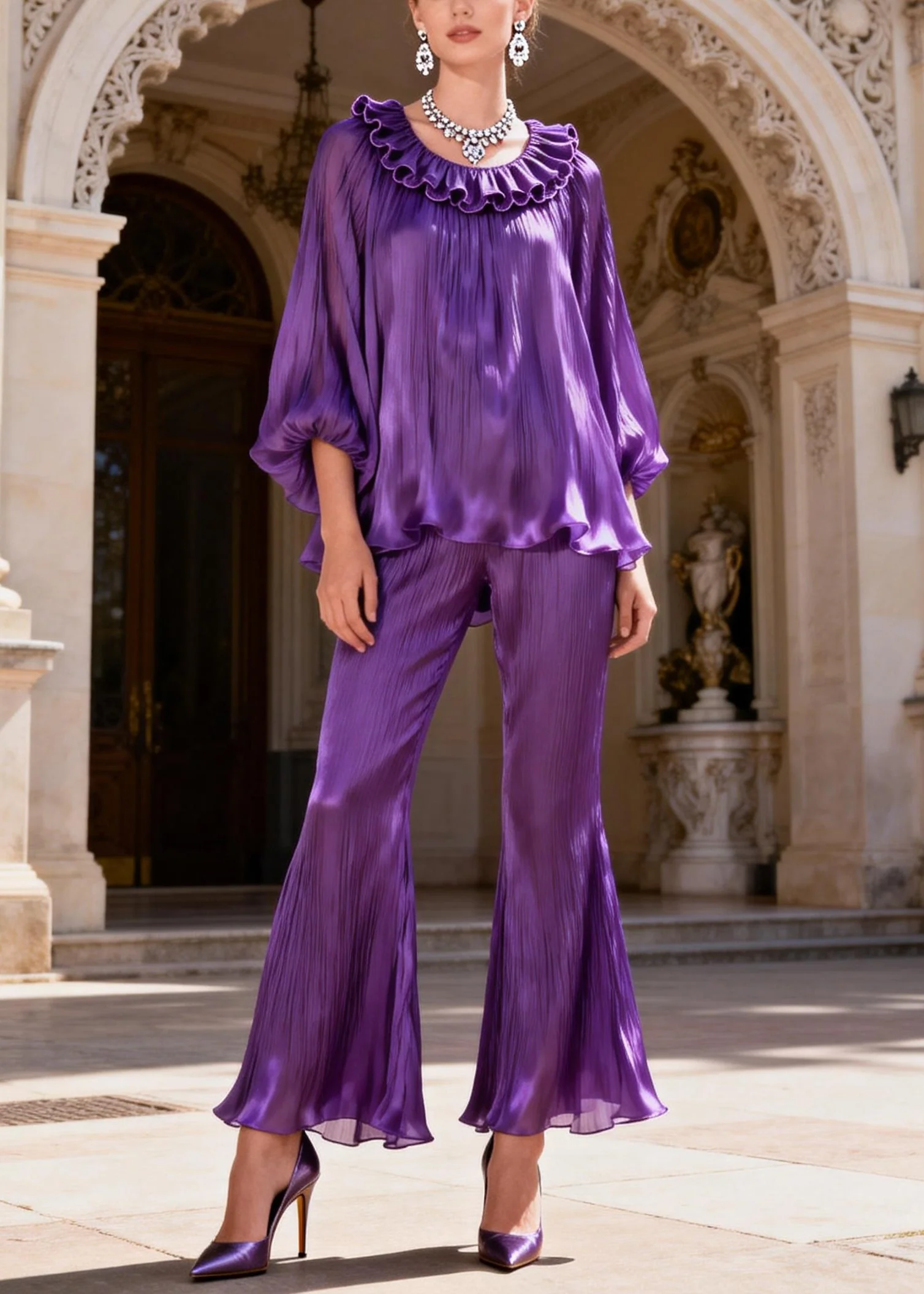 Purple High Waist Tops And Bell Bottom Trousers Silk Two Piece Set Ruffled Lantern Sleeve - Image 5
